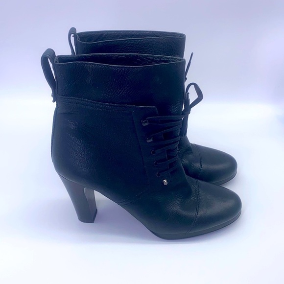 J Crew - Cognac Black Leather Lace Up Heel Booties Size 9.5 - Picture 1 of 13